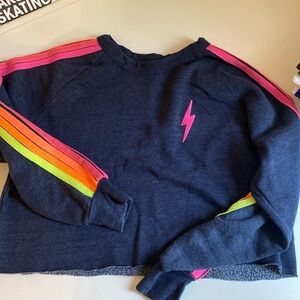 Aviator Nation navy/neon striped bolt crewneck